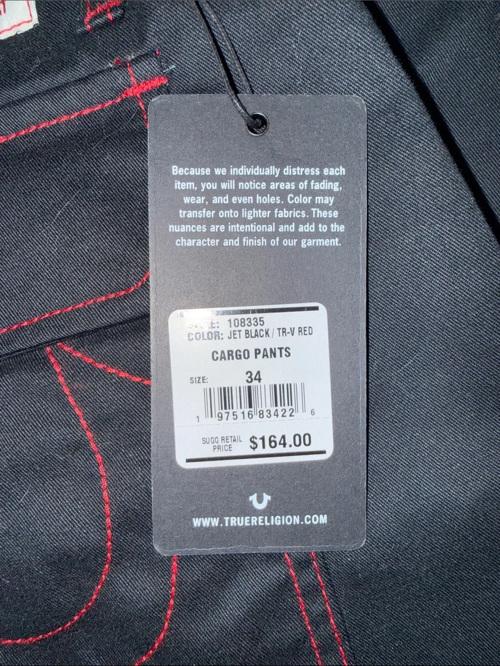 True Religion Men’s Black Jeans with Red Stitching 34X31 NWT